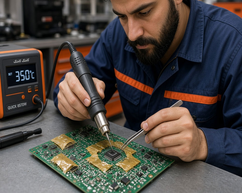 برداشتن آی‌سی SMD با هیتر هوای گرم و پنس ESD از روی برد مدار چاپی