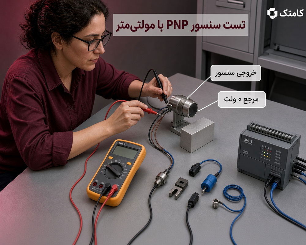 تست سنسور PNP با مولتی متر قبل از اتصال به PLC
