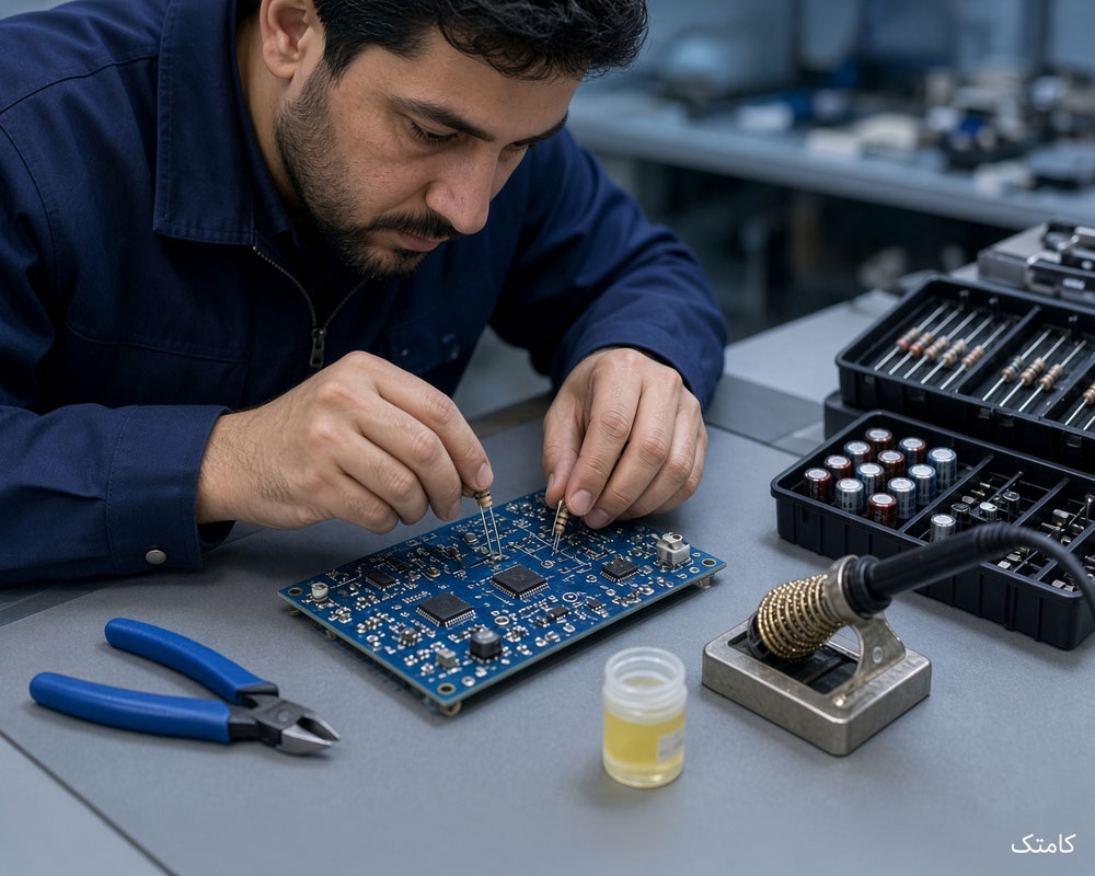 شروع مونتاژ برد الکترونیکی با نصب مقاومت روی PCB پیش از خازن و آی‌سی