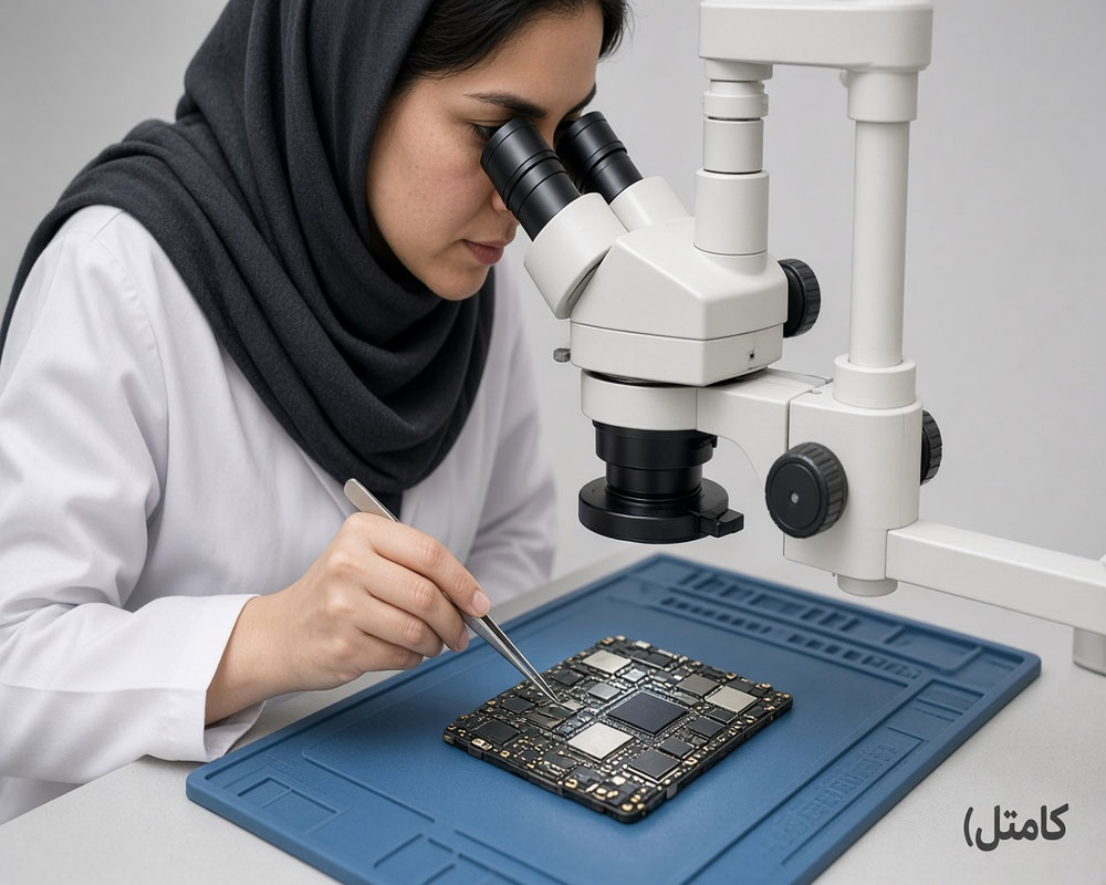 بررسی برد موبایل با لوپ و میکروسکوپ تعمیرات گوشی