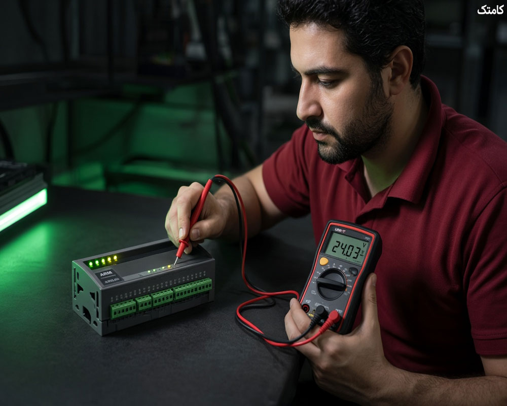 کنترلر صنعتی مبتنی بر ARM و اندازه‌گیری ولتاژ با مولتی‌متر