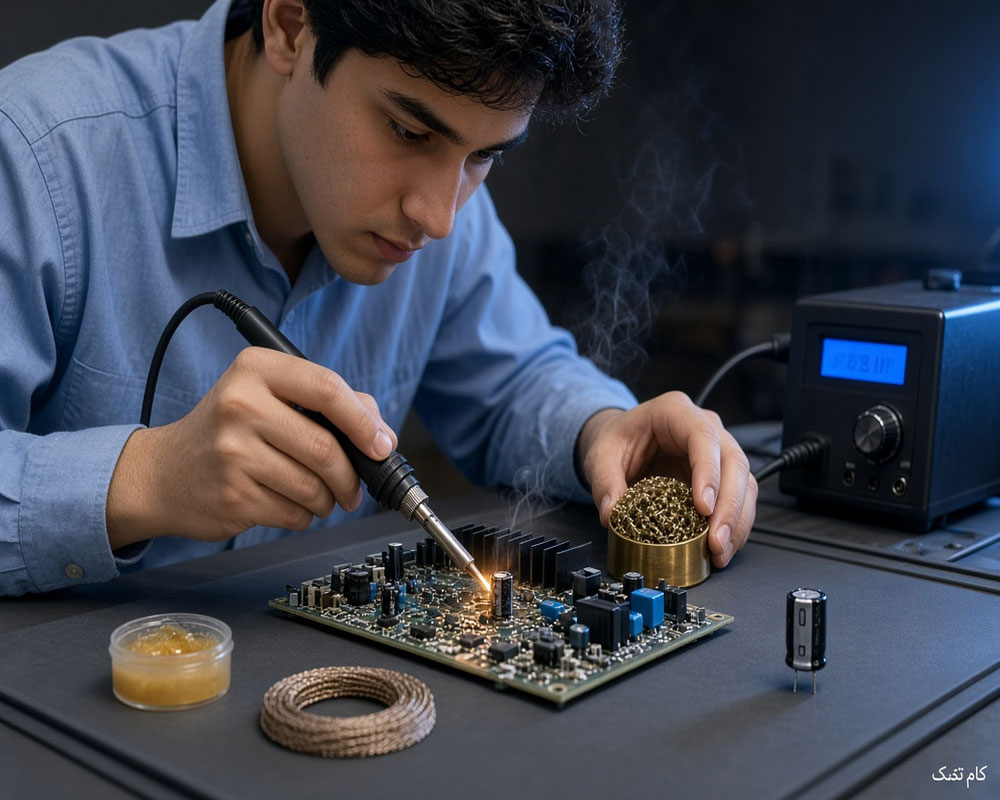 تعویض خازن الکترولیتی روی برد با هویه