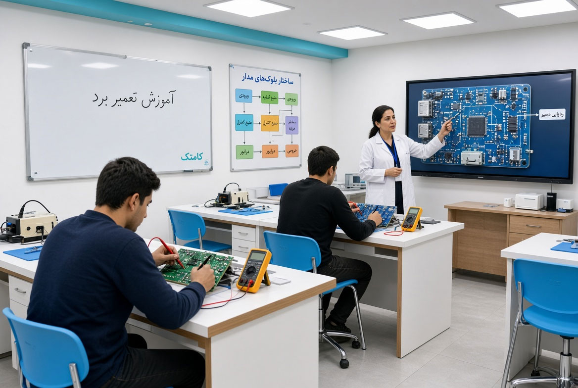 کلاس عملی آموزش تعمیر برد الکترونیکی در آموزشگاه کامتک