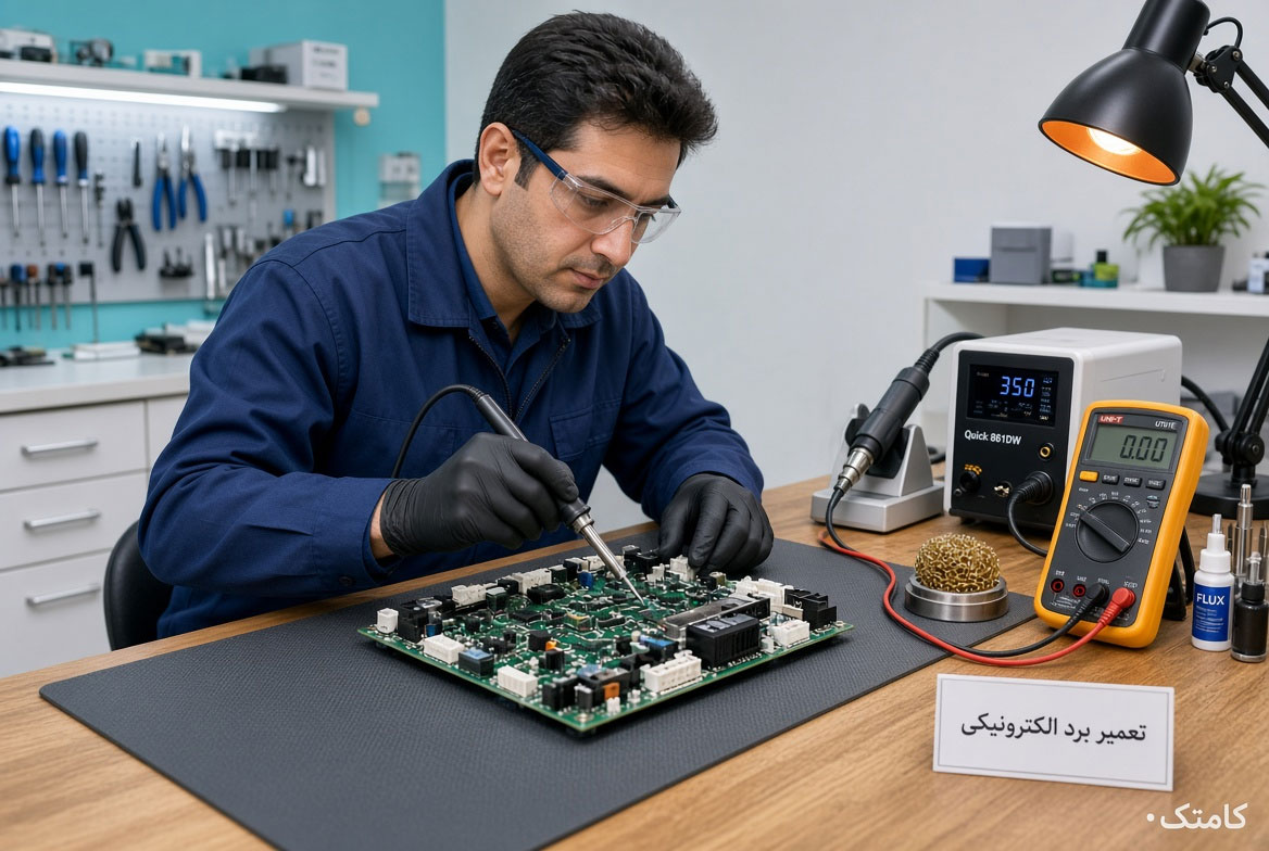 تعمیرکار حرفهای در حال تعمیر برد الکترونیکی روی میز کارگاه