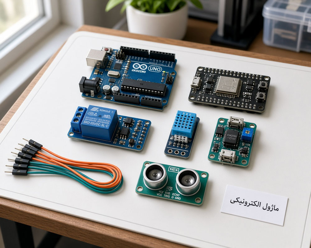 مجموعه ماژول الکترونیکی آردوینو ESP32 رله و سنسور روی میز کار
