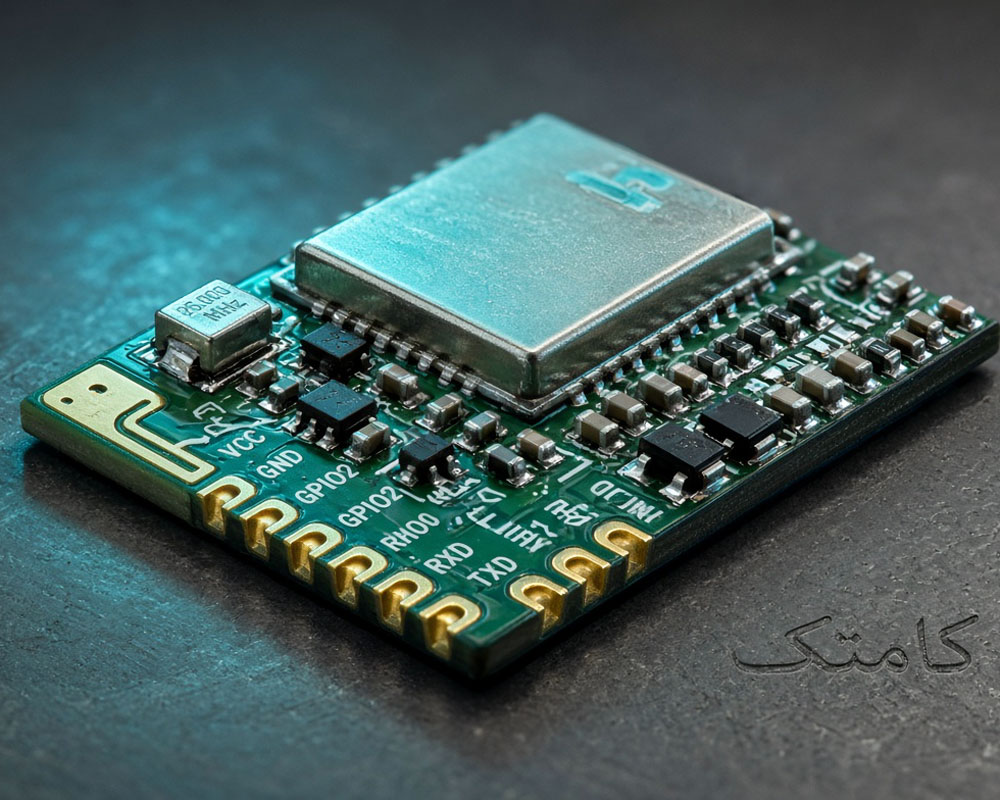 کلوزآپ برد ماژول وایفای و قطعات SMD روی مدار چاپی