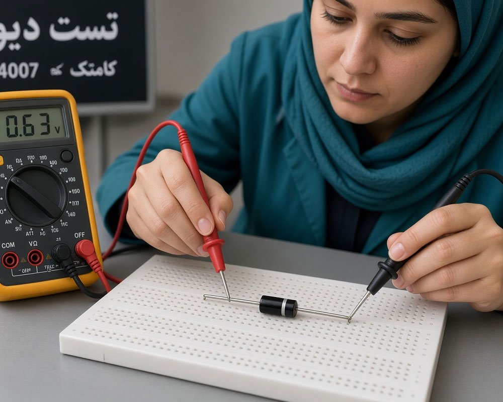 تست دیود سیلیکونی در حالت دیود-بازر مولتی‌متر
