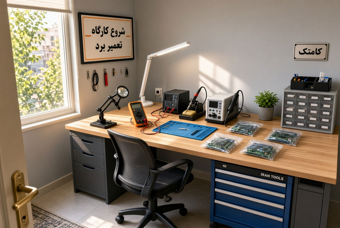 میز کار و سرمایه اولیه برای راهاندازی کارگاه تعمیر برد