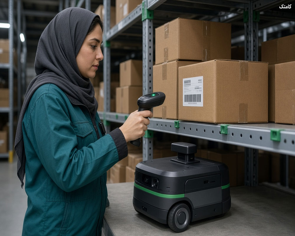 ربات انبارداری خودکار کنار قفسه و بارکدخوان
