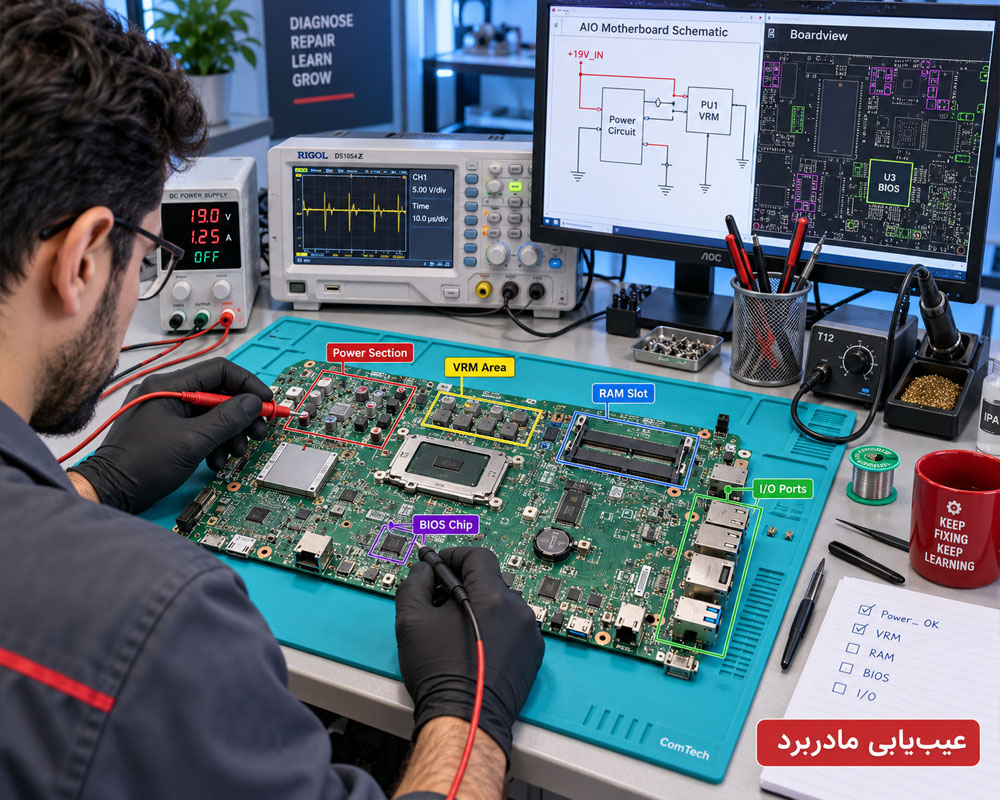 عیب یابی مادربرد آل این وان با مولتی متر و برد ویو