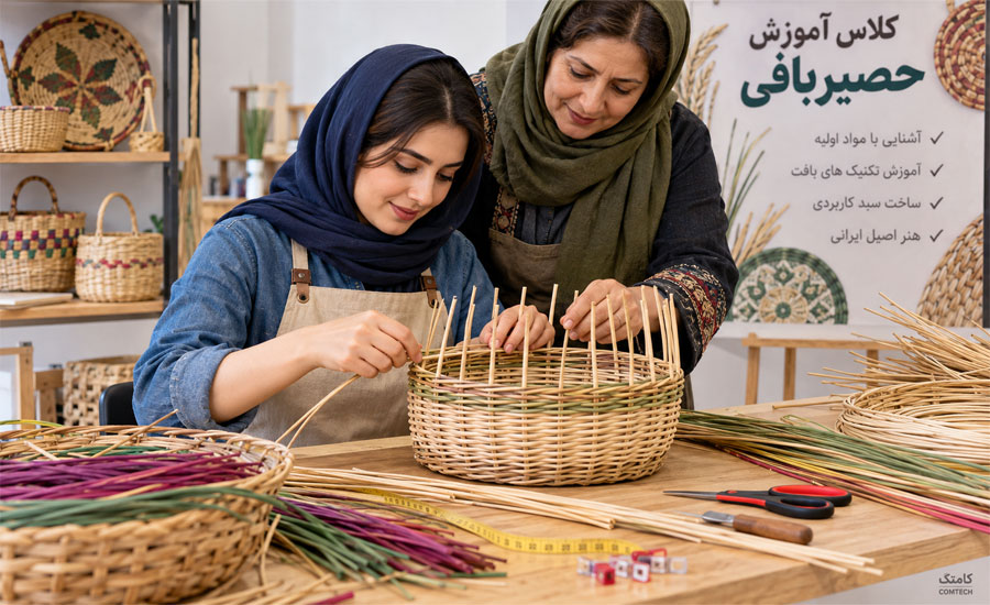 کلاس عملی آموزش حصیربافی و بافت سبد حصیری
