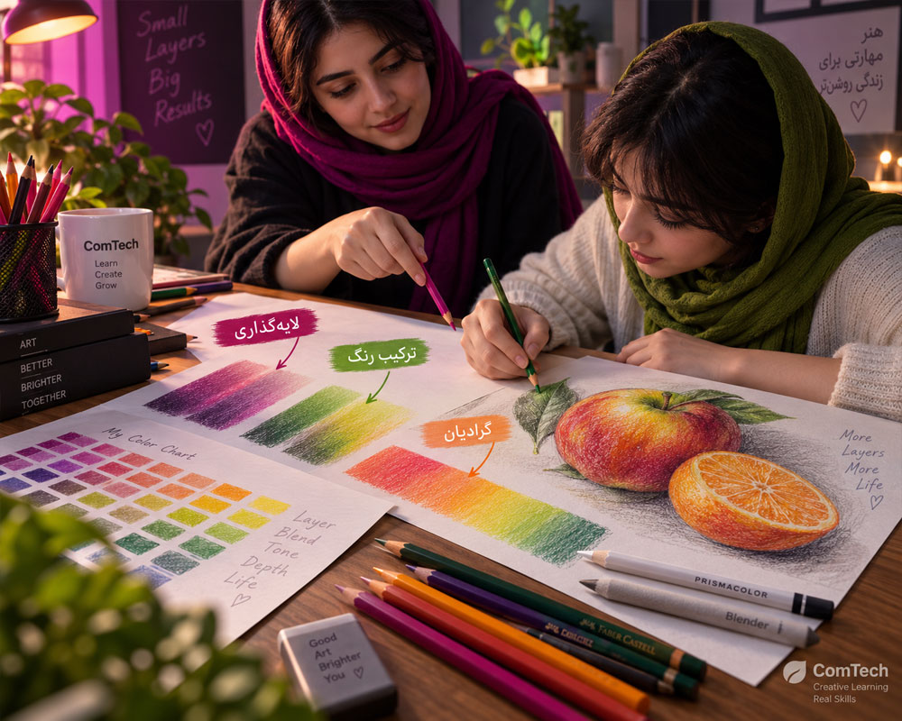 آموزش لایه گذاری مداد رنگی