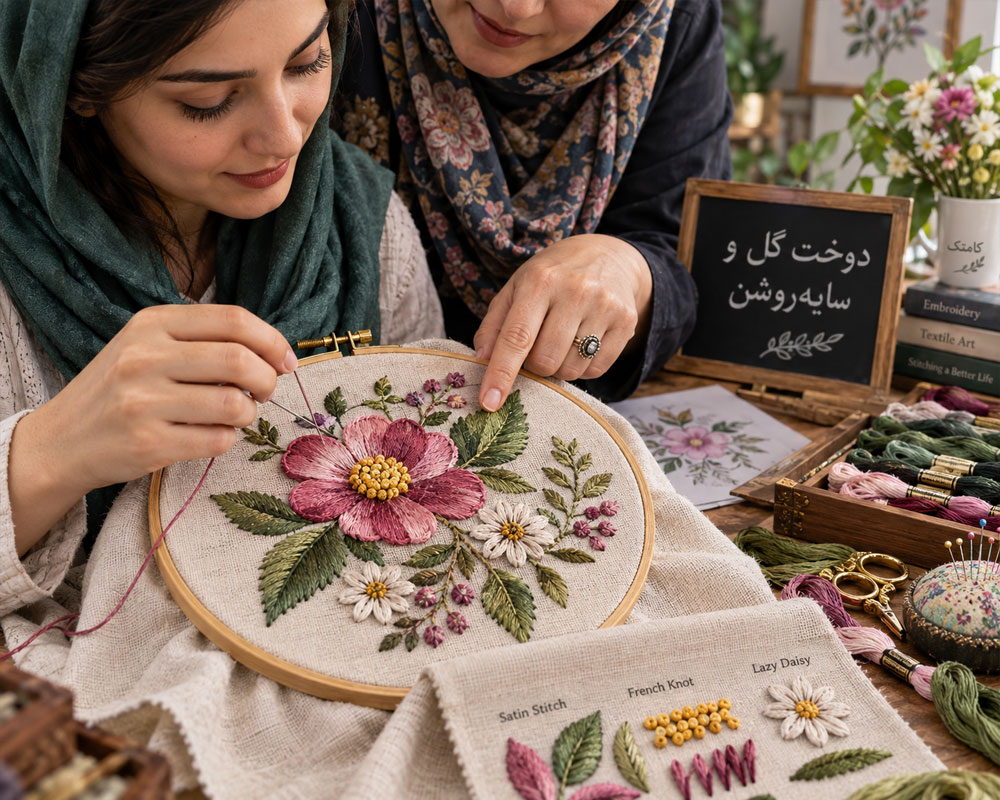 آموزش گلدوزی گل و برگ