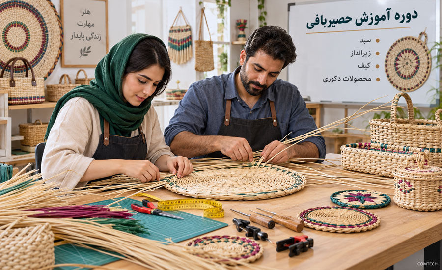 تمرین عملی تکنیک‌های بافت حصیر در کلاس آموزشی