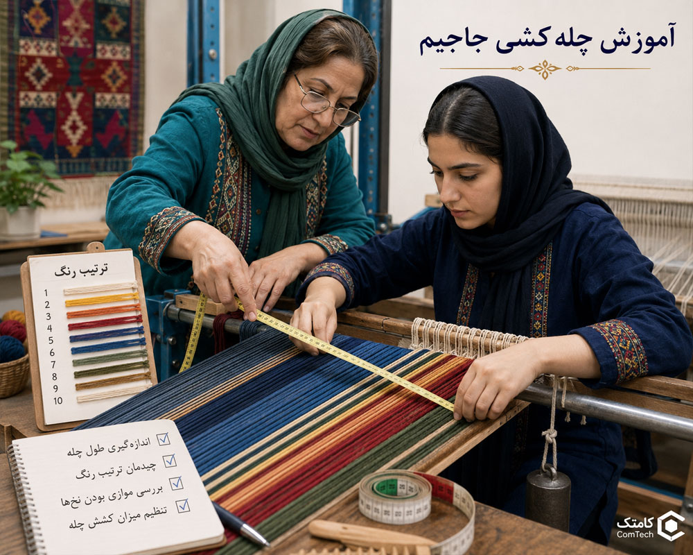 چلهکشی جاجیم از صفر و تنظیم تارهای رنگی روی دار