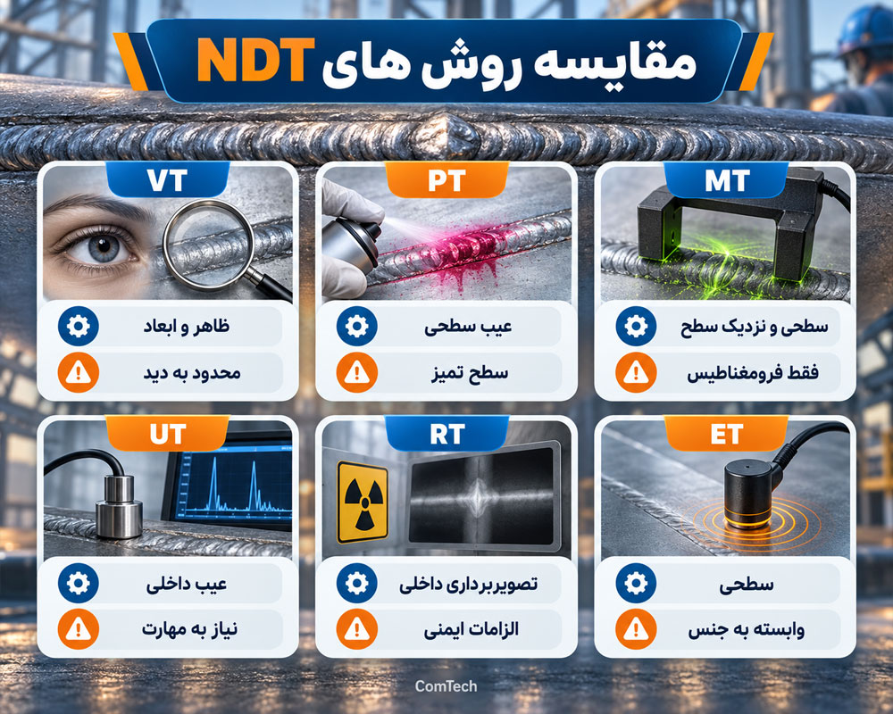مقایسه روشهای NDT شامل VT PT MT UT و RT