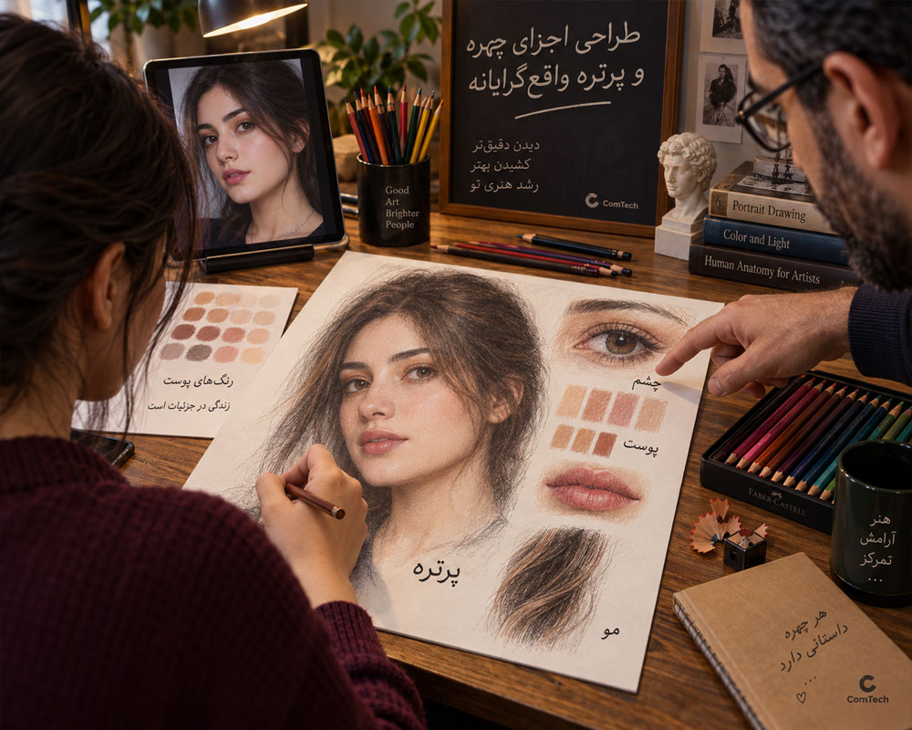 طراحی پرتره واقع گرایانه مداد رنگی