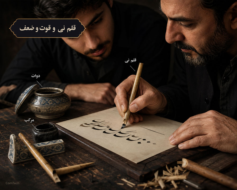 آموزش قوت و ضعف با قلم نی در خوشنویسی
