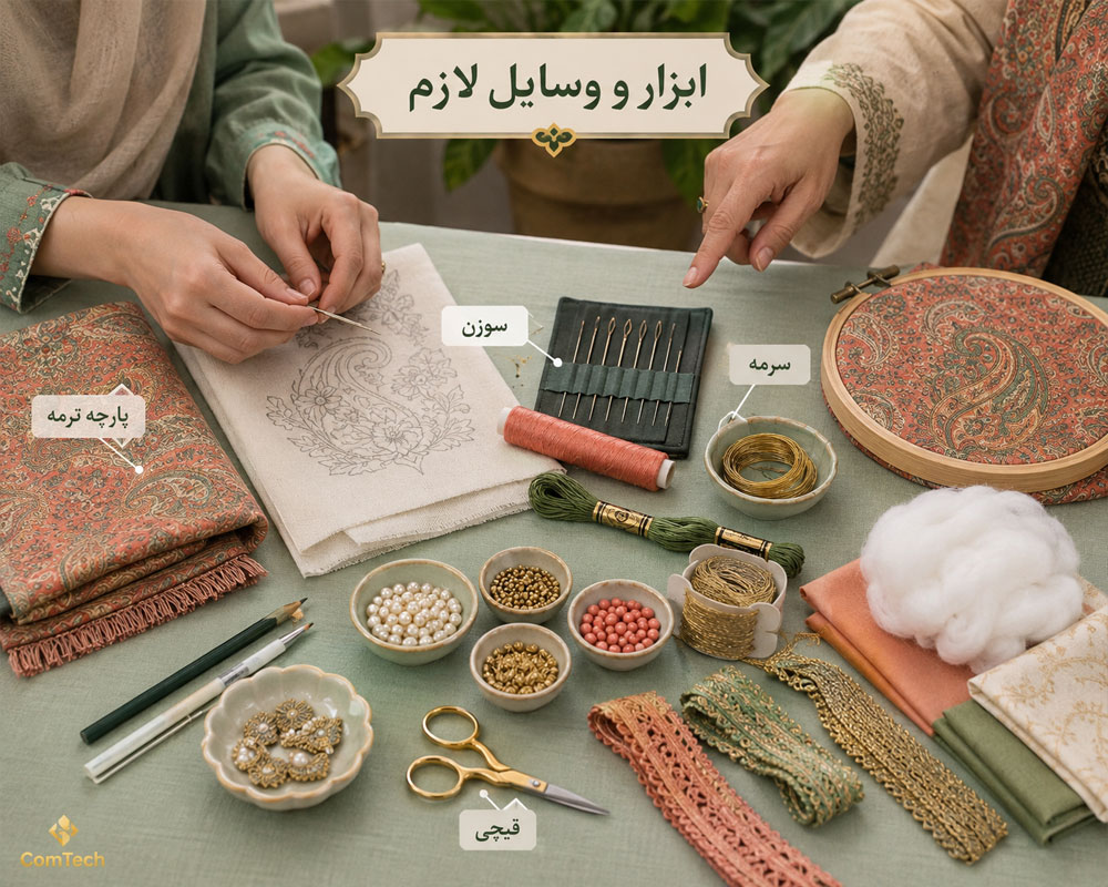 ابزار و وسایل پایه برای آموزش سرمهدوزی روی ترمه
