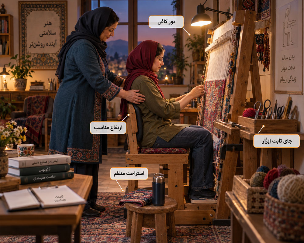 اصول ایمنی و وضعیت صحیح بدن هنگام قالی بافی
