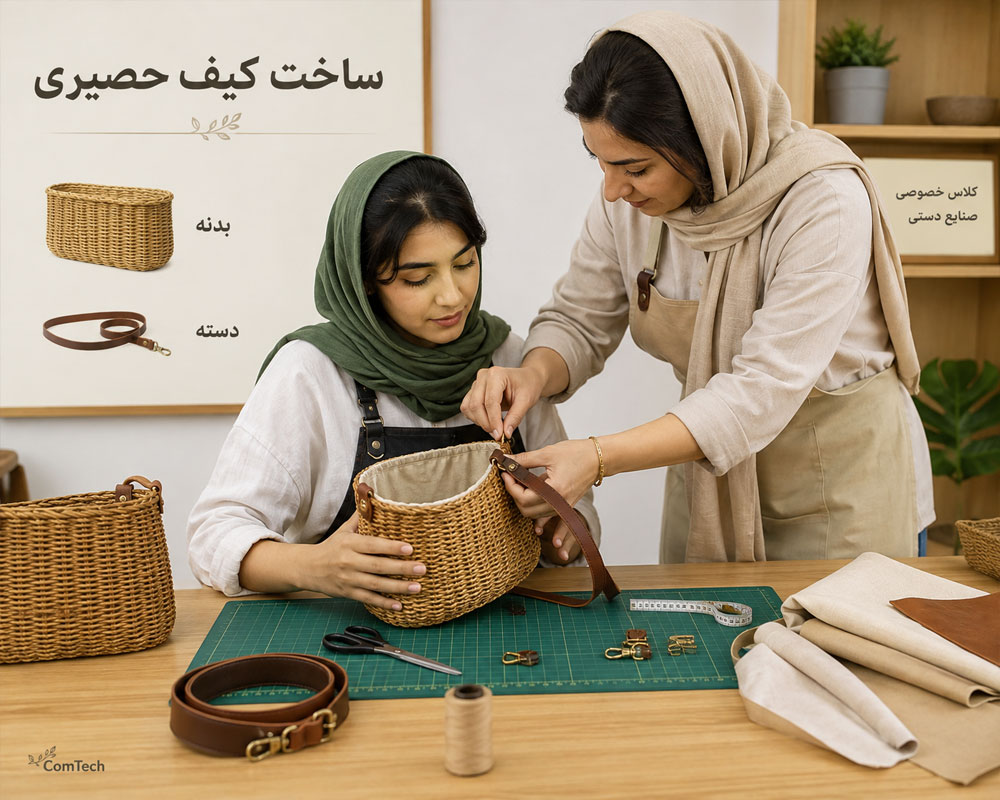 ساخت کیف حصیری با بدنه بافتهشده، دسته و آستر